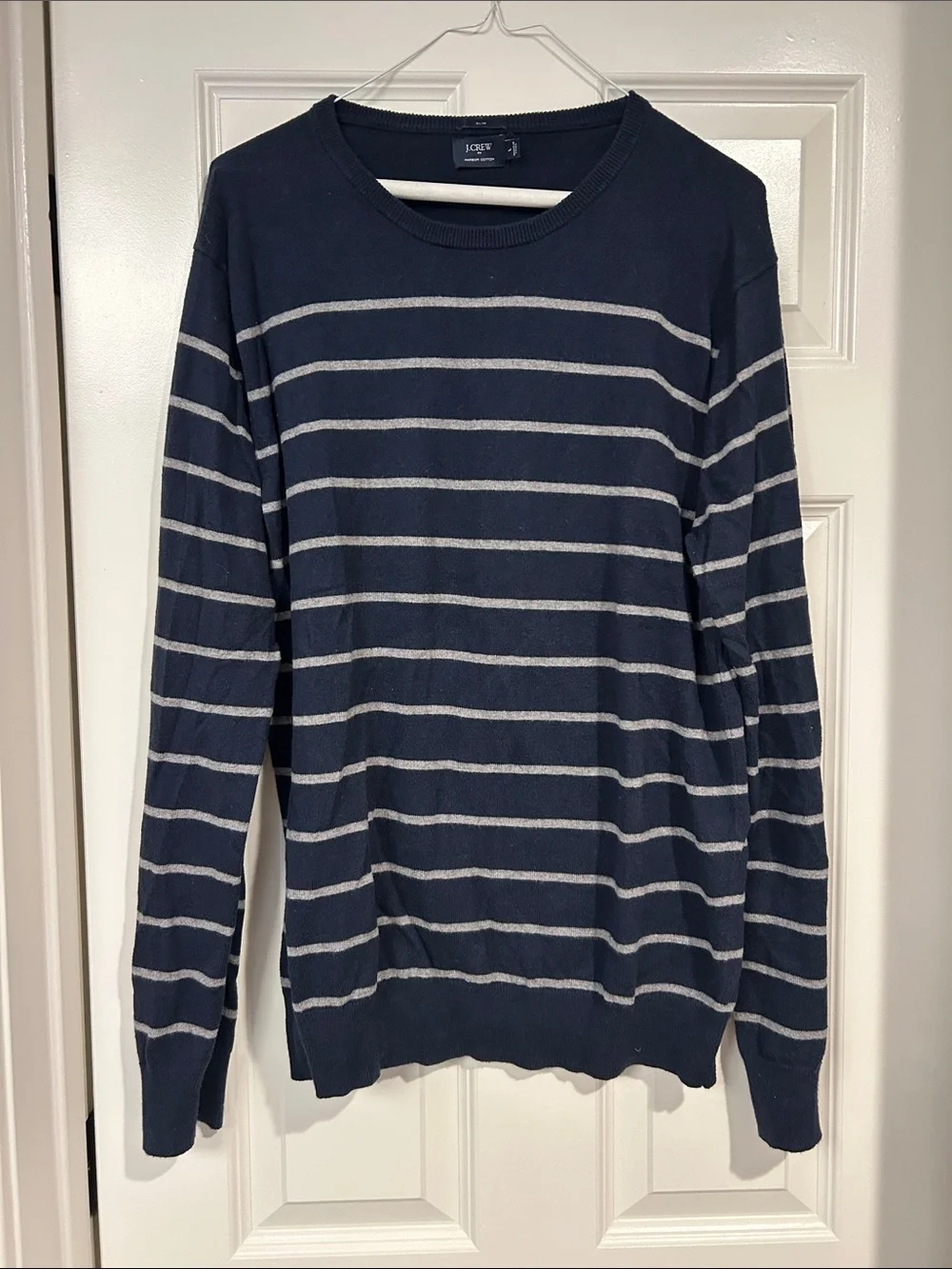 J. Crew Men's Navy and Light Gray Striped Crewneck Sweater